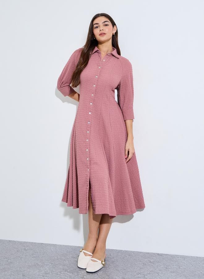 Pleated waist 3/4th Sleeves Shirt Midi Dress