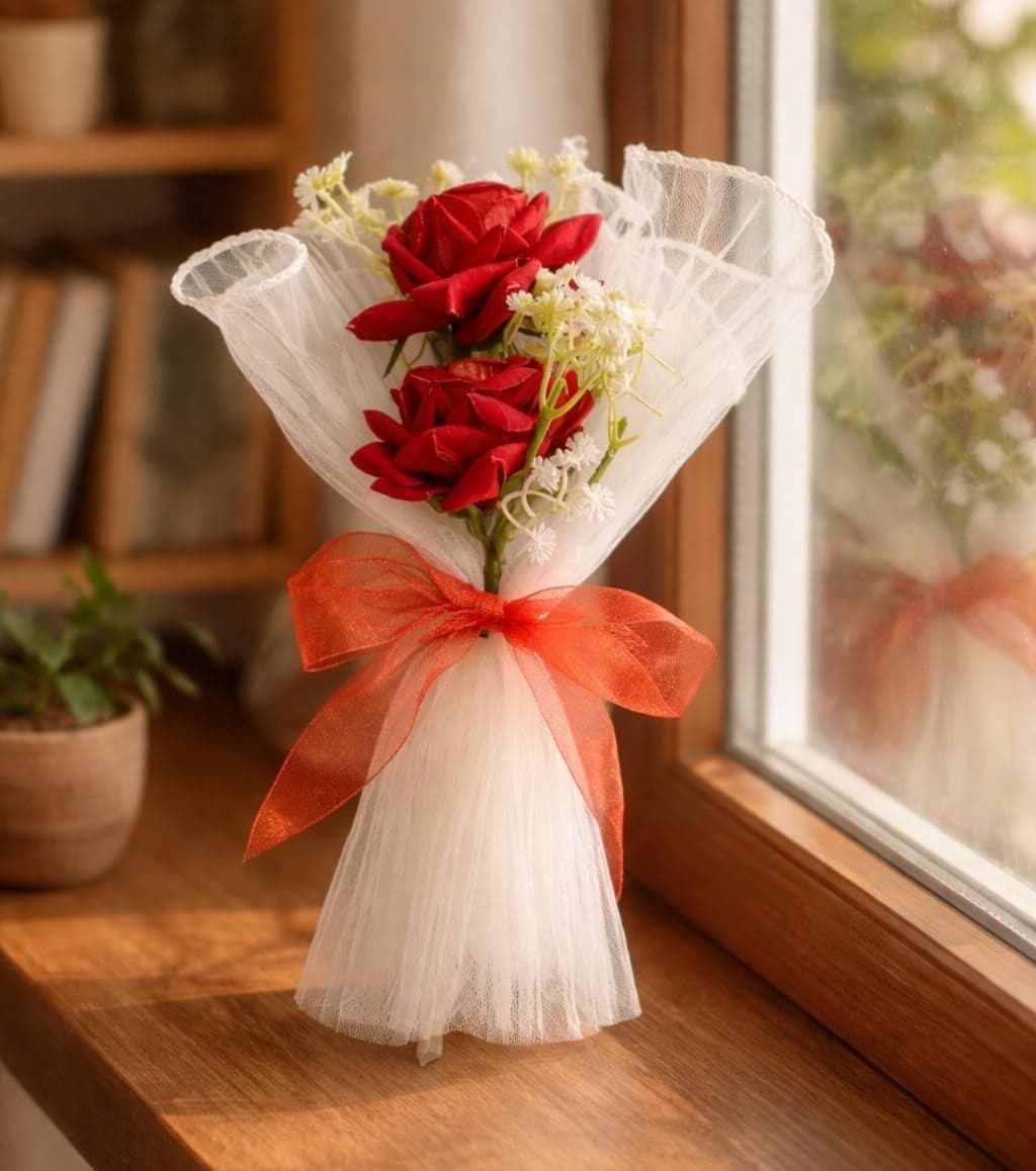 SATYAM KRAFT 1 Pcs Artificial Flower Mesh Rose Bouquet for Him Her Girlfriend Boyfriend Wife Husband | Romantic Decor for Anniversary, Wedding, Birthday, Home Decor (White)