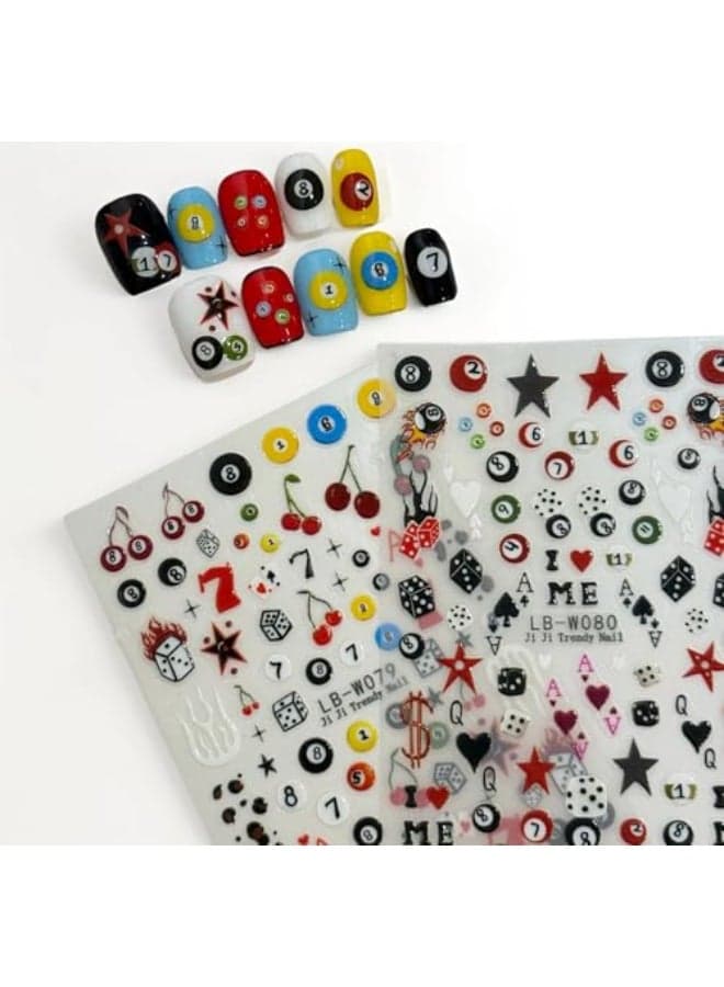 SIMAYKUWA 3D Nail Stickers for Pool Dice Design Cartoon Style Presson Nail Art Decals 2 Sheets Cute Textured Manicure DIY Accessories