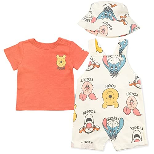 Disney Winnie the Pooh Newborn Baby Boys Short Overalls French Terry T-Shirt and Hat 3 Piece Outfit Set 6-9 Months