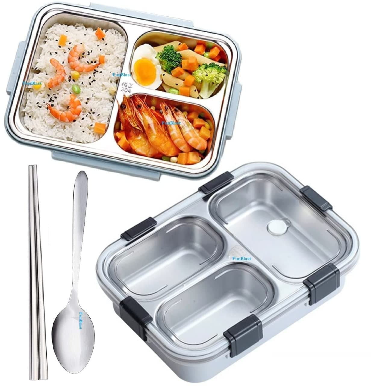 FunBlast Stainless Steel Lunch Box – Bento Tiffin Box with Spoon & Fork for Kids, Office Lunch Box for Women & Men | Leak-Proof & Durable Food Container (Grey)