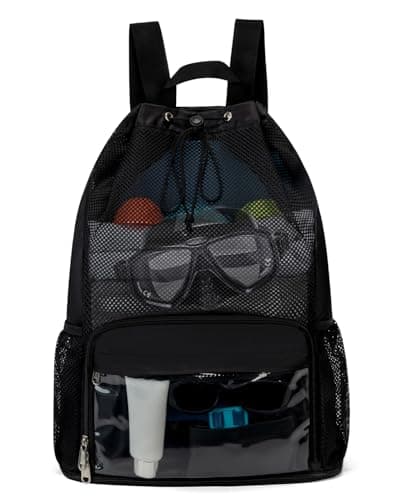 ecosmile Drawstring Backpack Sandproof Beach Backpack with Shoe Compartment Wet Pocket Waterproof Mesh Swim Bag Pool Bag for Gym Travel and Workout Gear Black