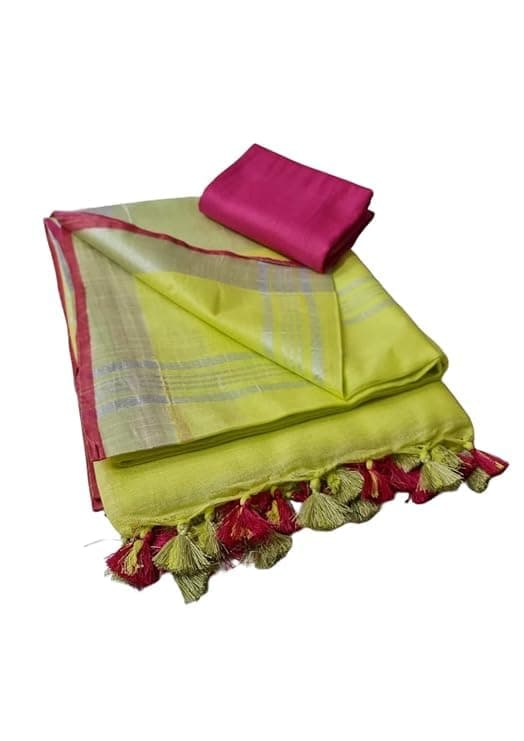 Hadloom Linen Cotton Blend Bhagalpuri Contrast Saree for Women (Lemon_Yellow-Pink)