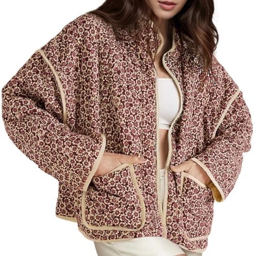 Wyeysyt Women's Cropped Quilted Jacket Floral Print Padded Puffer Jackets Lightweight Open Front Cardigan Coat Outwear(Red-S)