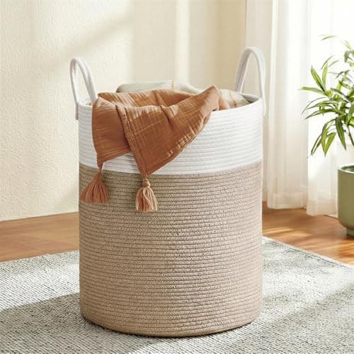 SONGMICS Laundry Hamper, Cotton Rope Laundry Basket with Handles, for Children, Toys, Clothing, Living Room, Bedroom, 21.1 Gallons, 15.7 x 15.7 x 23.6 Inches, White and Grayish Brown URLH062LZ01