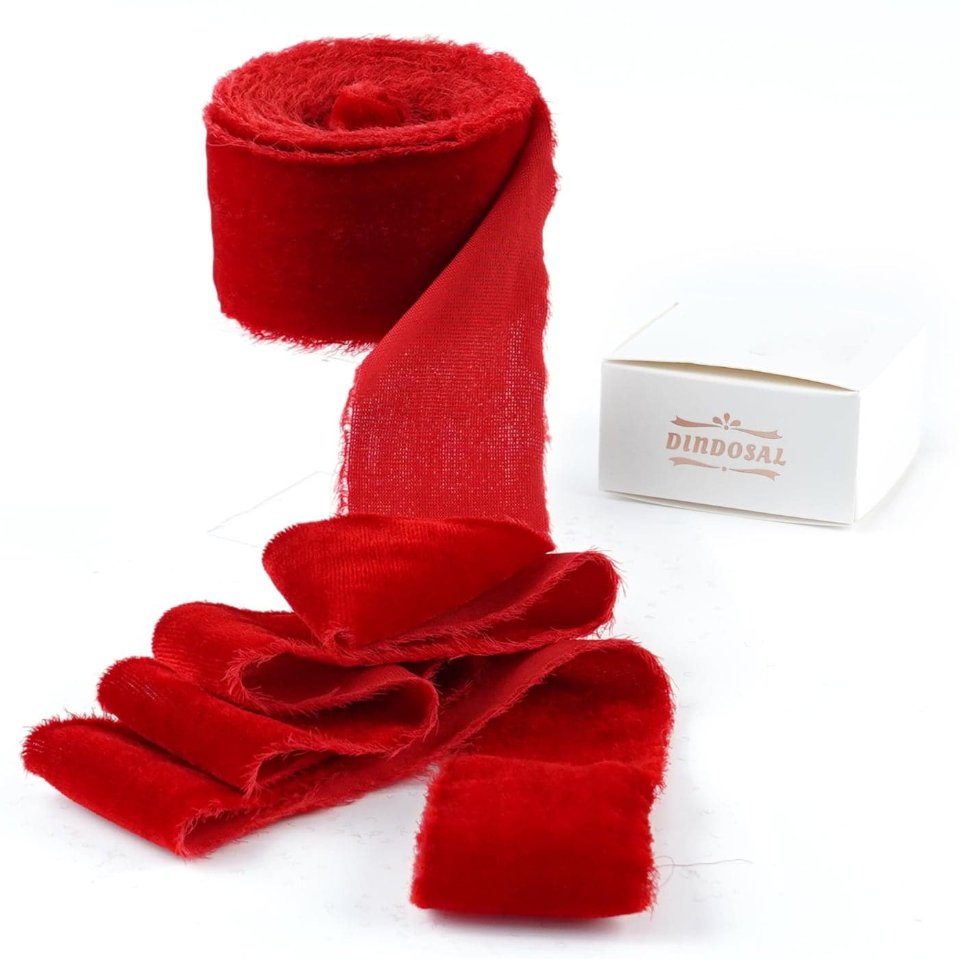 DINDOSAL Red Velvet Ribbon for Christmas Decorations Frayed Silk Velvet 15 Inch Raw Edge Red Christmas Ribbon Rustic Boho Wedding Vow Books 3 Yards