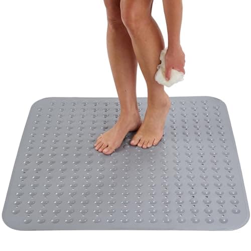 ENKOSI Extra Large Square Non Slip Shower Mat 31 x 31inch XL Bathroom Shower Mat Square Shower Matts for Shower Stall Floors Secure Suction Cups and Drain Holes 31x31 Grey