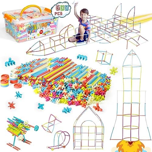 Ggiibro Straw Constructor STEM Building Toys Macaron 600Pcs Interlocking Gear Toy Sets for Kindergarten Classroom Engineering Thin Tube Blocks for 3 4 5 6 7 Years Kids Toy for Boys and Girls Gift