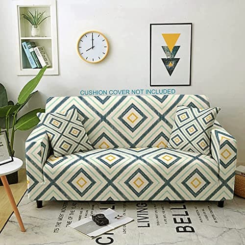 House of Quirk Polyester Spandex Printed Sofa Cover Big Elasticity Cover Stretch Universal Sofa Slipcovers (Link Blue Mustard, Triple Seater)
