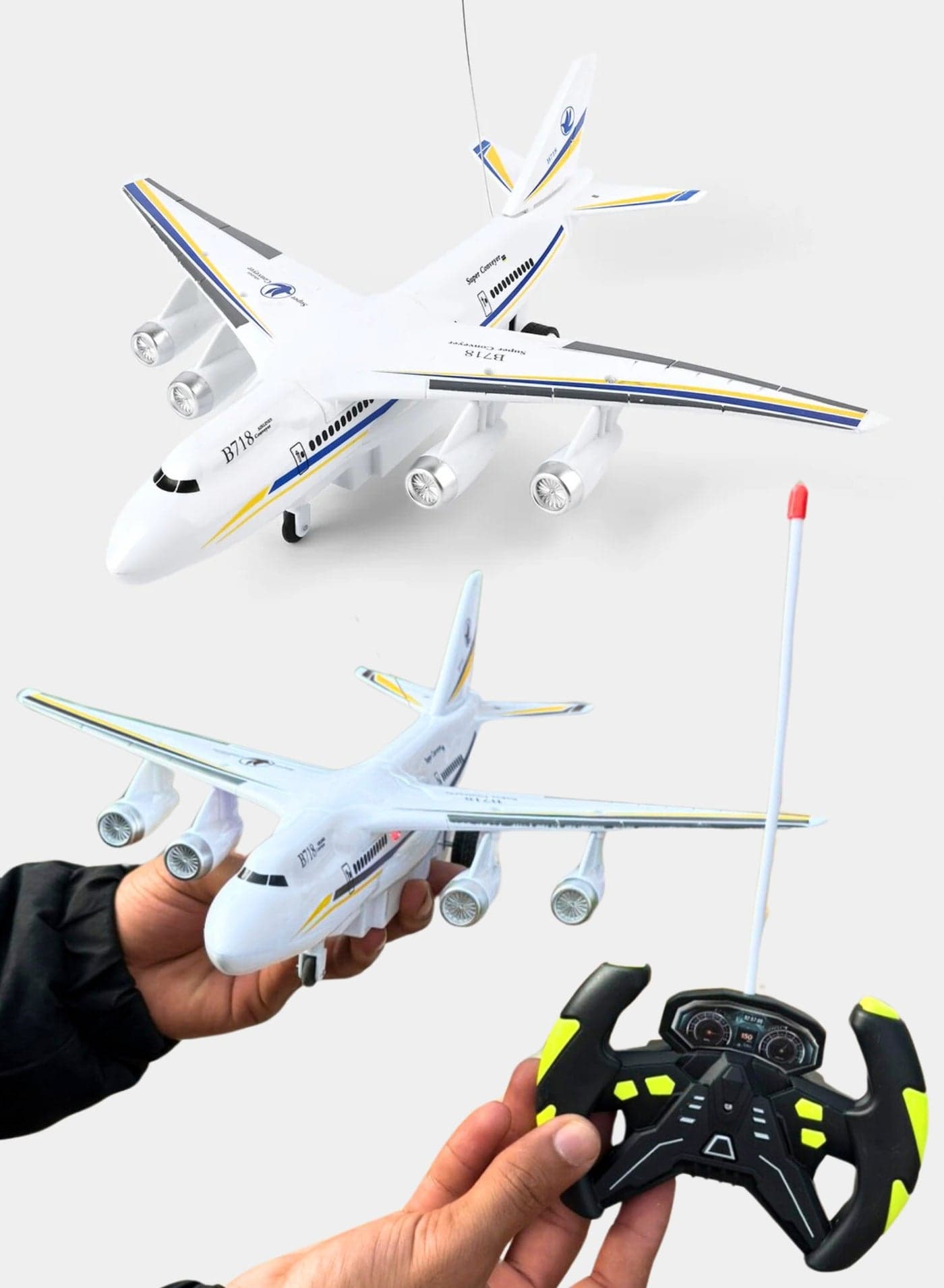 Powerful Remote Control R/C Airplane for Kids with LED Flashing Lights - Passenger Aircraft Toy in White and Turquoise(Green) Colour, (Non-Flying Model)