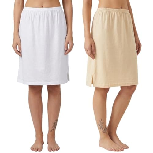 Aimly Women's Cotton Knee Length Skirt - White & Beige (Pack of 2)