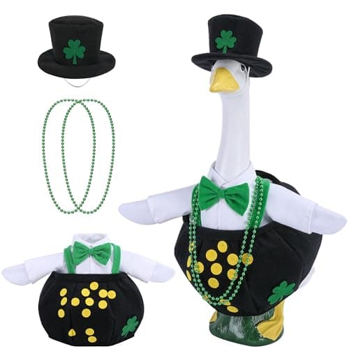 Watayo 4 Pcs/Set St. Patrick's Day Porch Goose Outfits, Shamrock Gold Coin Lawn Goose Statue Costume, Irish Clover Pot Garden Goose Clothes with Hat Bead Necklaces for 23" High Statue Patio Yard Decor