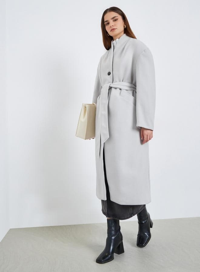 Women Grey Regular Fit Wool Like Belted Midi Coat