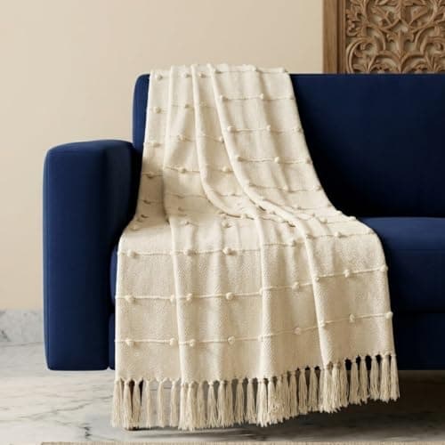 SAJAVAT HOME Hand Knitted Cotton Sofa Throw Blanket | Elegant Beige All-Season Accent for Sofa, Couch & Bed | Soft Lightweight Knit with Tassels | 80×52 Inches (204×132 cm)