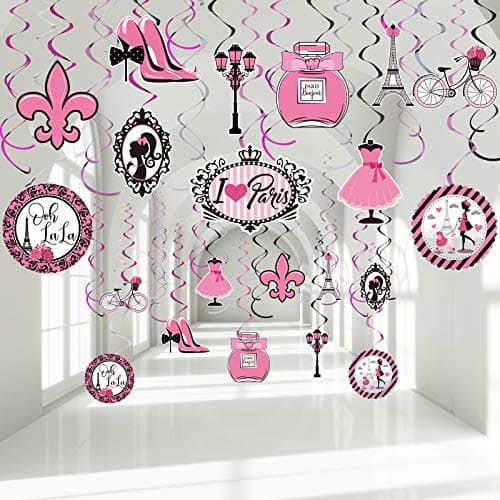 30 Pieces Paris Party Hanging Swirls Decorations Pink Paris Eiffel Tower High Heels Ooh La La Card Hanging Metallic Foil Streamers Decor Kid Boy Girl Birthday Theme Party Baby Shower Supplies
