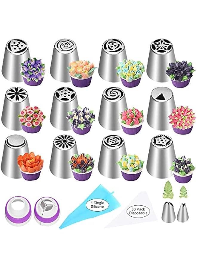 47 Pcs Russian Piping Tips Set, 12 Flower Frosting Nozzles Icing Tips for Cake Decorating Tips Kit, Baking Supplies for Cookie Cupcake, 2 Leaf Piping Tips 2 Couplers 30 Pastry Baking Bags