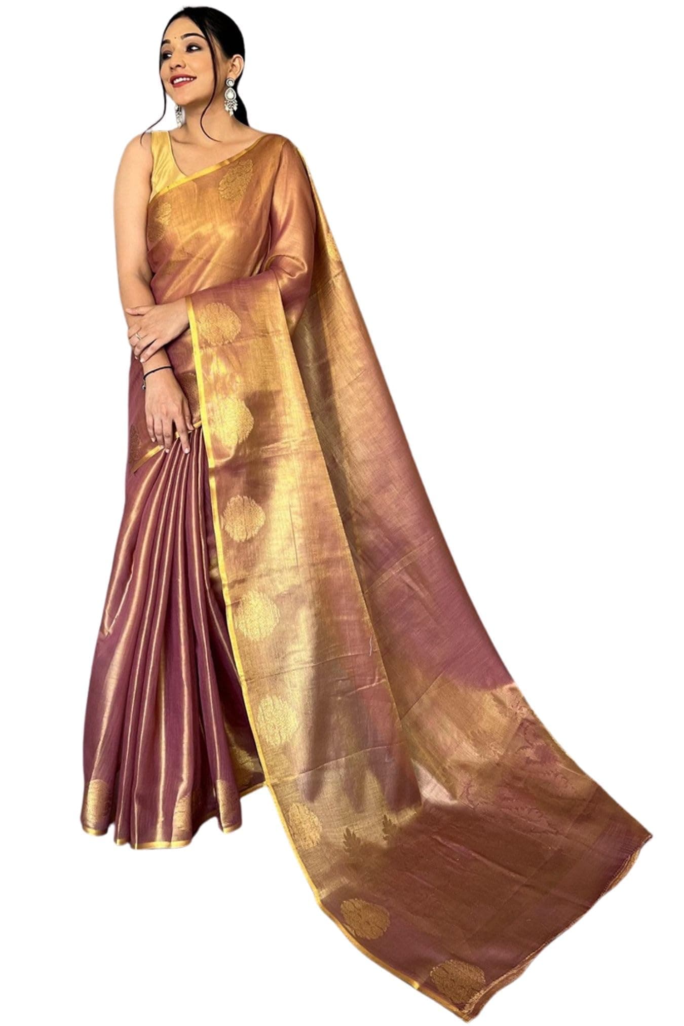 SGF11 Women's Kanjivaram Tissue Silk Saree Golden Zari With Unstitched Blouse Piece (Brown)