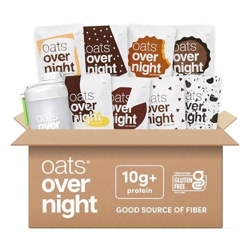 Oats Overnight Chocolate Variety Pack - High Protein, High Fiber Breakfast Protein Shake - Gluten Free, Non GMO Protein Oatmeal - Smores, Dark Chocolate Sea Salt & More (8 Pack + Shaker Bottle)