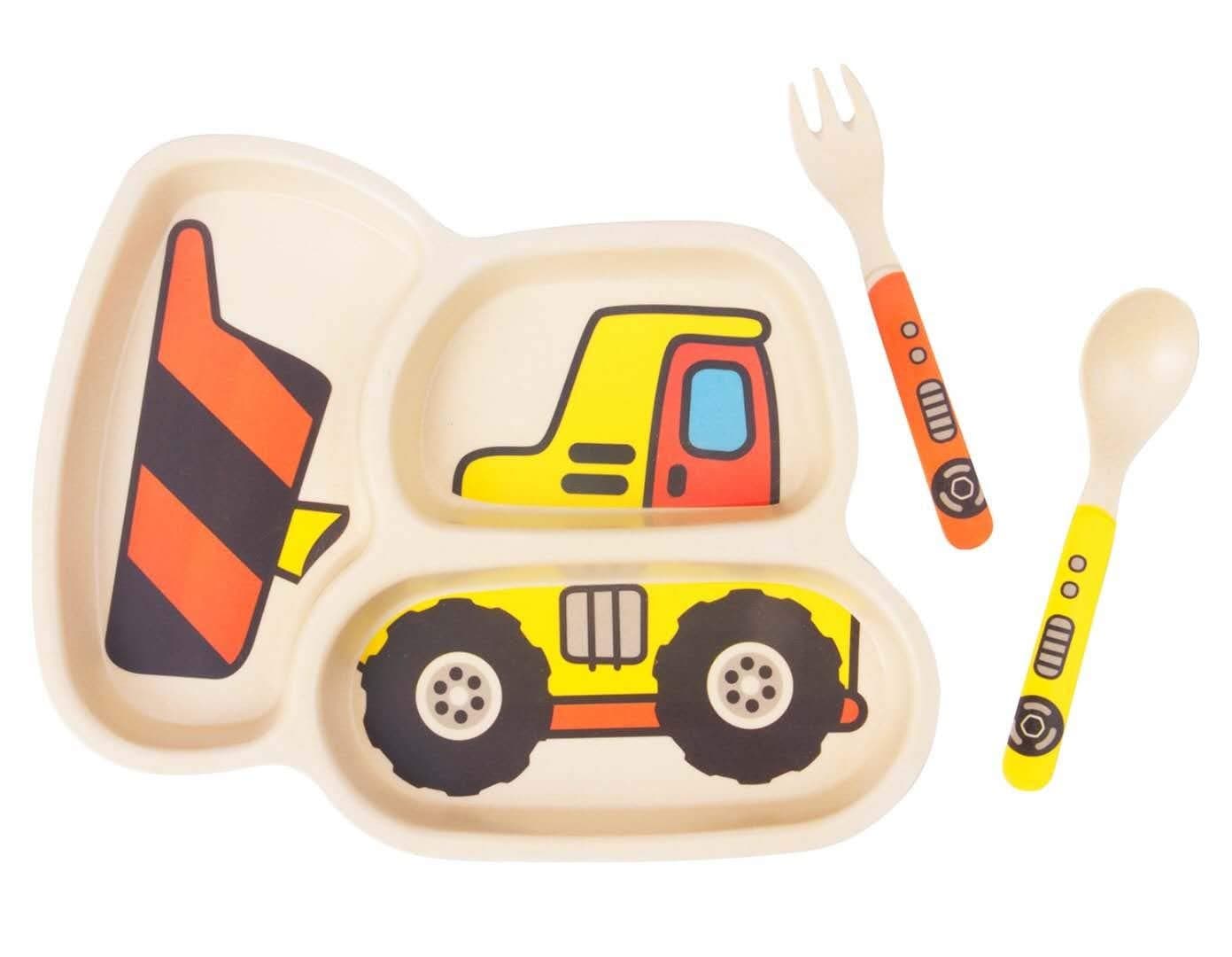 Kid Plate Set Bamboo Toddler Plates Dinnerware Dinner Dish Set Baby Feeding Spill Proof Divided Plate Baby Spoon and fork 3Piece Set for Kids and Toddlers Teaches Child Portion Control