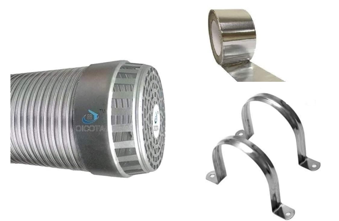 Oicota Chimney Exhaust Pipe Flexible Aluminum Expanded upto 10 ft with Cowl Cover, Tape and 2pcs Clamps (6 Inch, Silver)