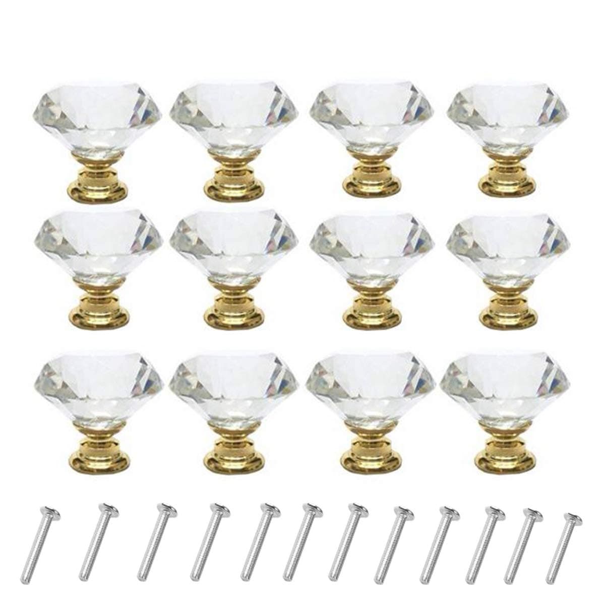 ANJUU 12 Pcs 30mm Diamond Shape Crystal Glass Cabinet Knobs with Screws Drawer Knob Pull Handle Used for Kitchen, Dresser, Door, Cupboard (GOld B Clear)