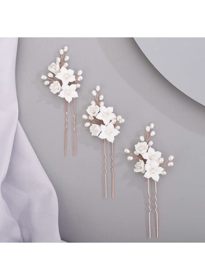 3pcs White Flower Pearl Hair Pins Bridal Rose Gold Pearl Beaded Hair Pins Handmade Wedding Hair Accessories for Women Girls Bridesmaids (Rose Gold)