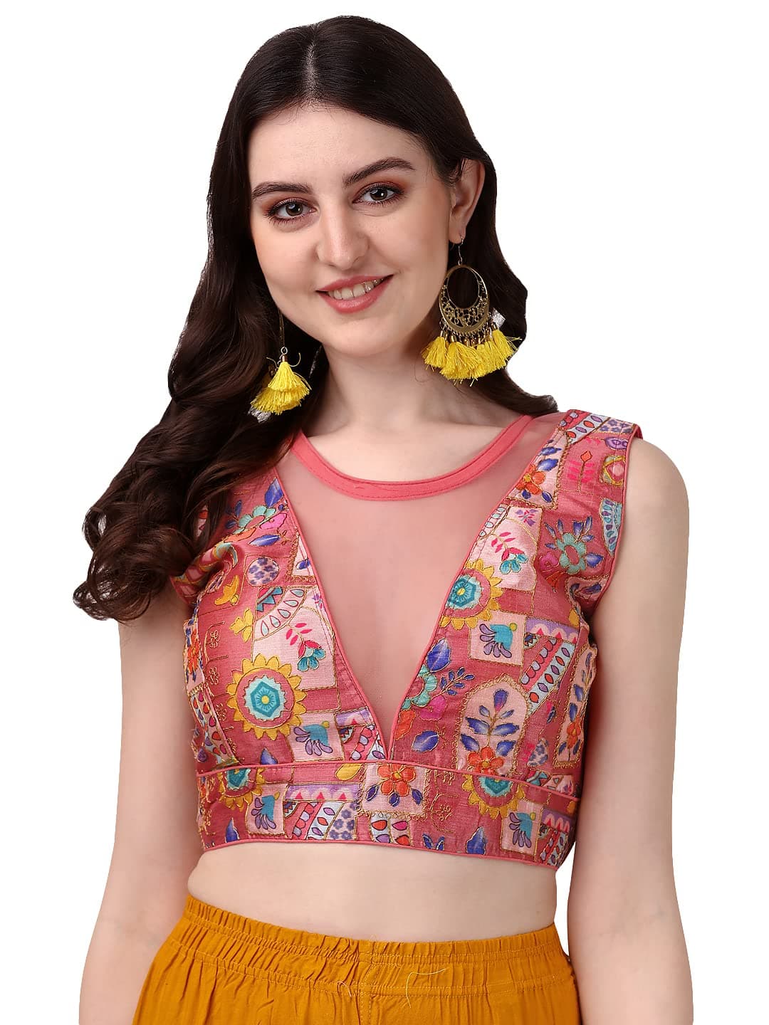 Pujia Mills Women's Phanotm Silk Floral Sleeveless Saree Blouse (PP 4_Peach_38)