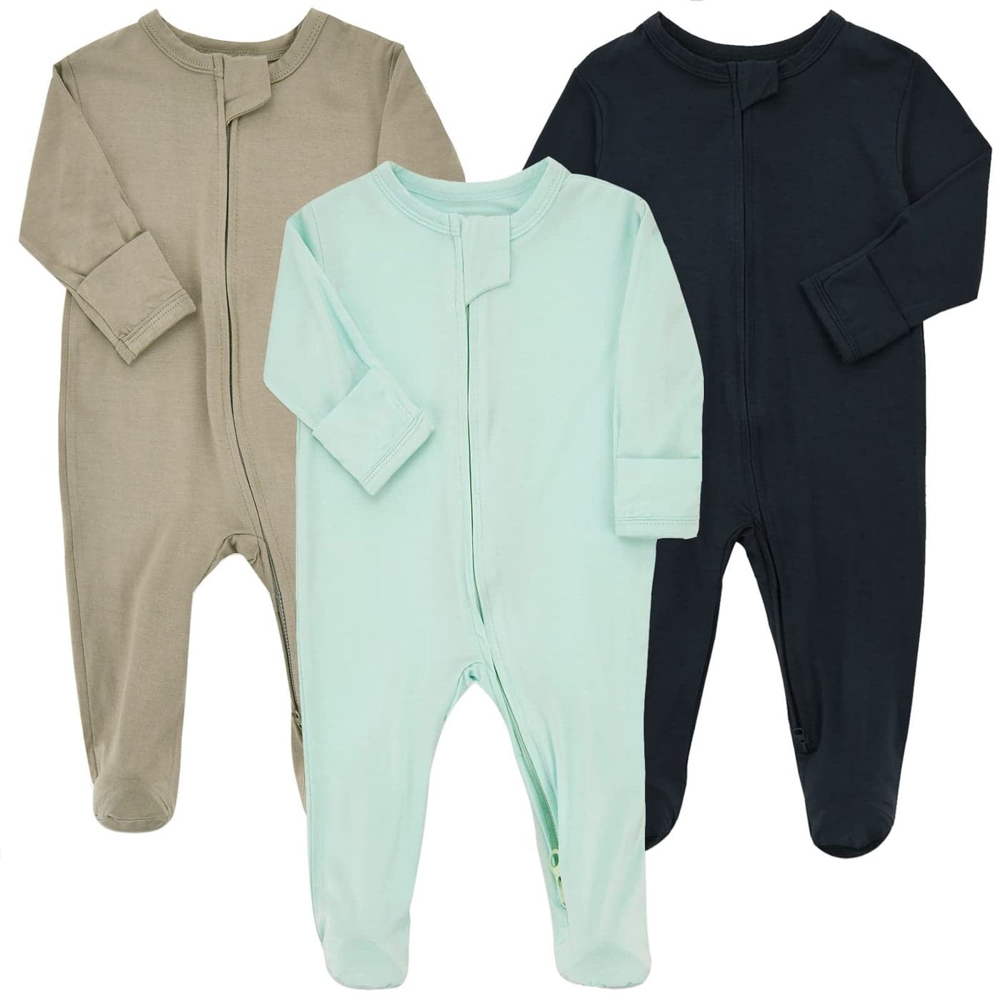 Aablexema Baby Zipper Pajamas Bamboo Rayon 3pcs Unisex Infant Onesie with Mitten Long Sleeve Footed PjsNavy Mint Coffee612m