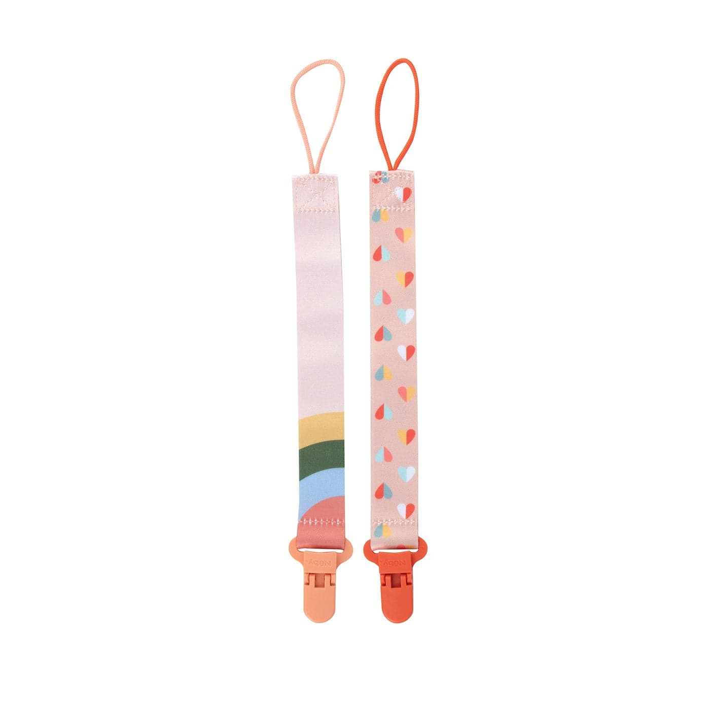 Nuby Pacifinder Baby Pacifier Clip - (2-Pack) - Pacifier Holder Clip with Convenient Hook Loop - Peach Stripes and Hearts