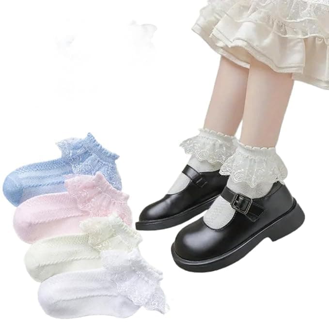 THE DDS STORE 3 Pair Toddler Girls Ruffle Socks Frilly Lace Socks Princess Dress Socks for Toddler Kids Girls White Color (IN, Age, 4 Years, 6 Years, White)