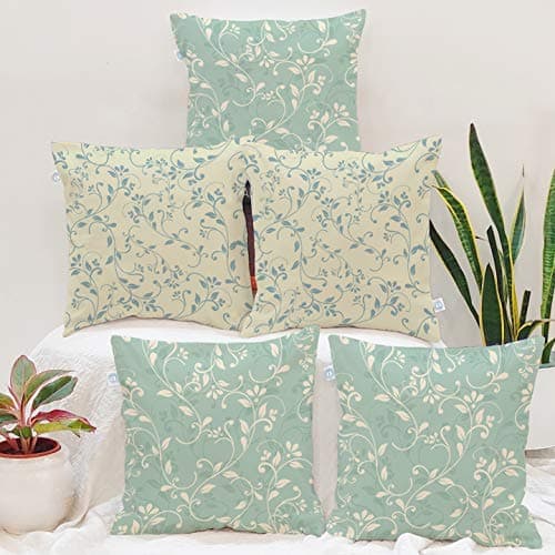 STITCHNEST Set of 5 Polycotton Cushion Covers – 24x24 Inches – Dual Tone Vine Print in Sage Green & Beige – Subtle Floral Cushion Covers for Sofa & Living Room | Perfect for Home Decor