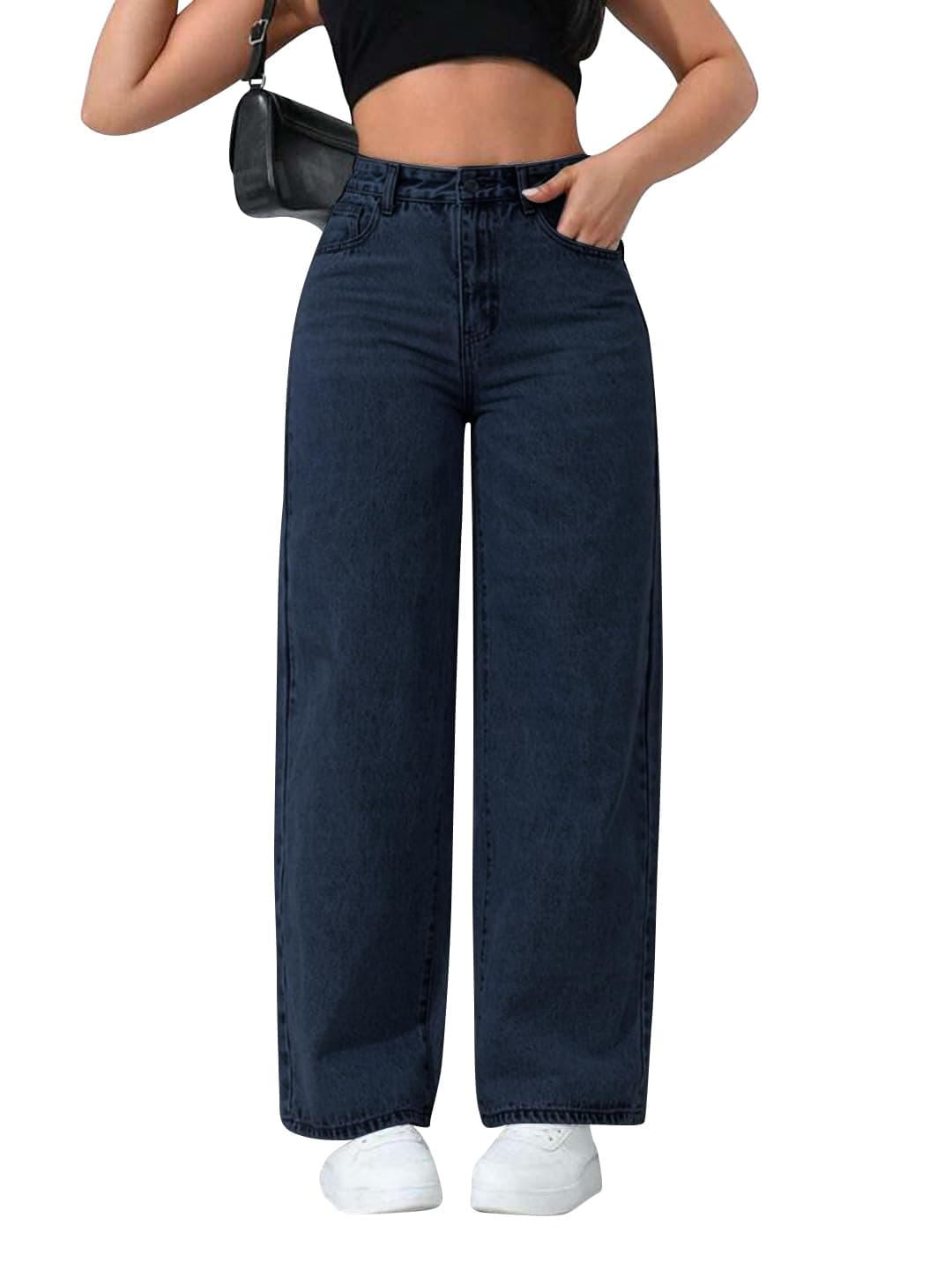 CHKOKKO Women High Rise Denim Solid Regular Fit Jeans Navy 30
