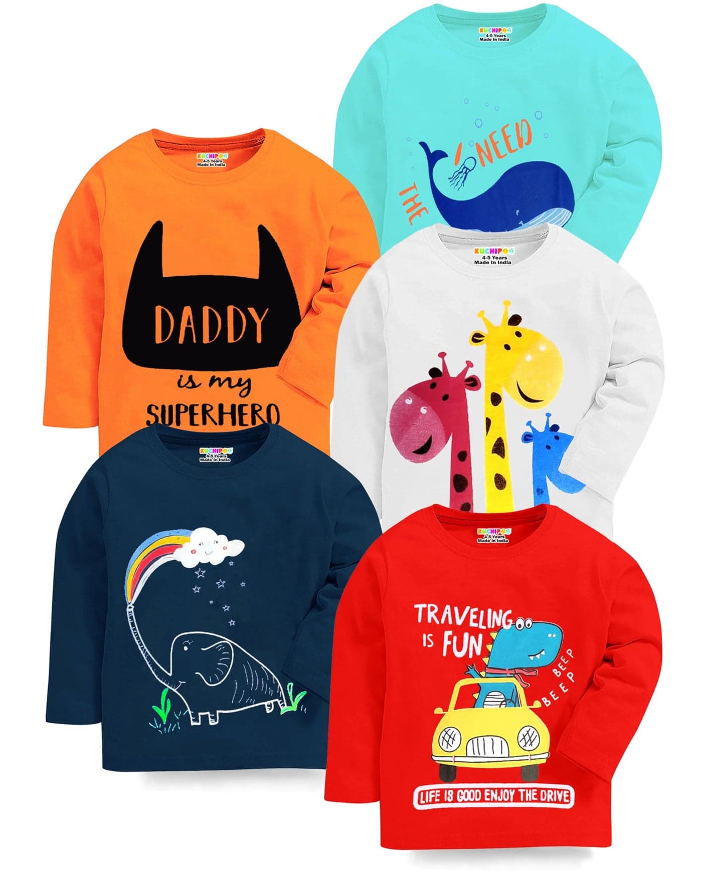 Kuchipoo Boy and Girl Regular Fit Cotton T-Shirts (KUC-TSHRT-347, 6-12 Months, Multi-Colored)