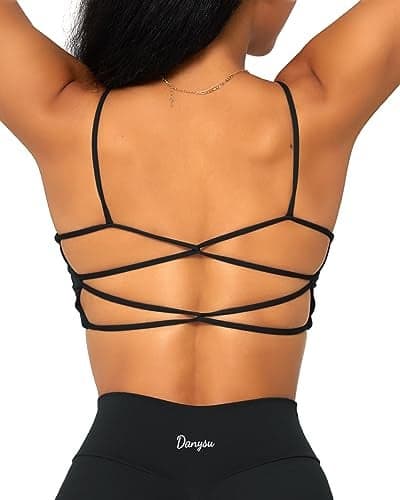 Danysu Womens Backless Sports Bra Open Back Workout Top Light Support Strappy Sport Bra Cute Gym Clothes Crisscross Black S