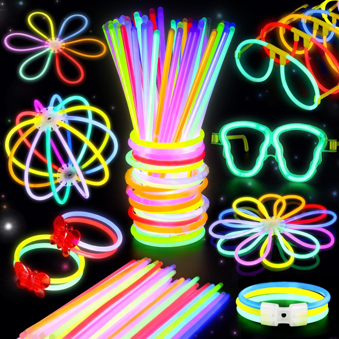 BUDI 467Pcs Glow Sticks Party Favors for Kids Adults 200 GlowStick Bulk 8 Colors 8 Inch & 267 Connectors for Glow in the dark Necklace Bracelets Glasses Party Supplies Light Up Toys Neon Accessories