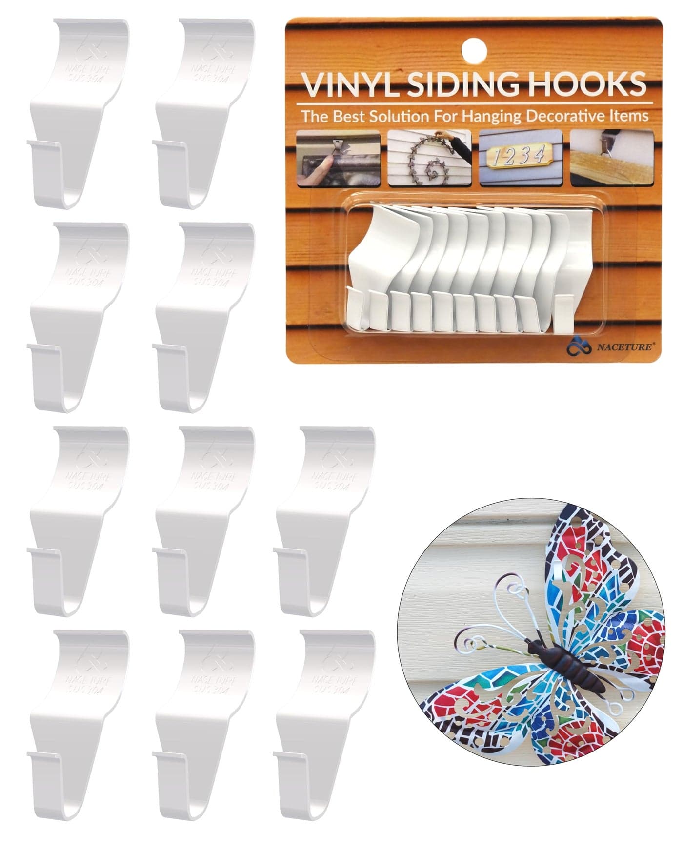 NACETURE Vinyl Siding Hooks 10 Pack White Heavy Duty Stainless Steel No Drill Holds up to 18 lb per Hook for Outdoor Decor