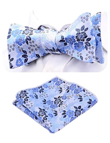 GUSLESON Wedding Bowtie Blue Mens Silk Floral Self Bow Tie & Pocket Square Set (0564-11)