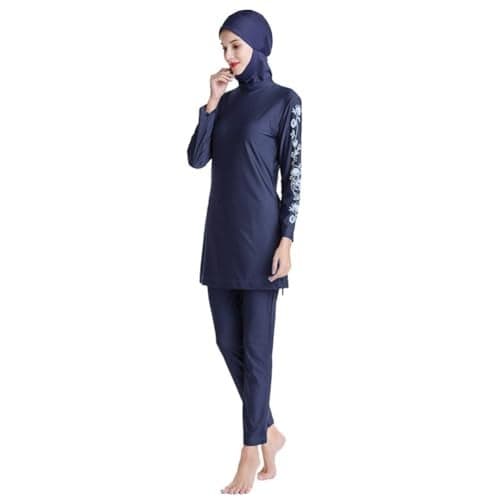Modest Muslim Swimsuits for Women Burkini Islamic Swimwear Long Sleeve Full Covered Hijab Swim Top Pants Swim Cap Wetsuit 3 Piece Bathing Suits Rash Guard Sets Arabic Swimwear Dark Blue Floral XL