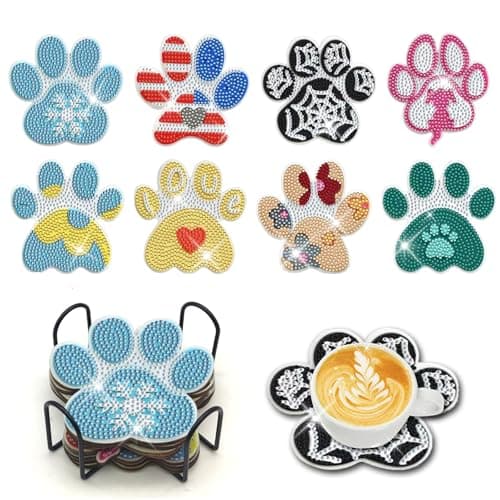 YOKUSHI 8 Pcs Cartoon Diamond Art Coasters kit for Adults Cute Dog Paw DIY Diamond Painting Coasters Kit with Holder Paw