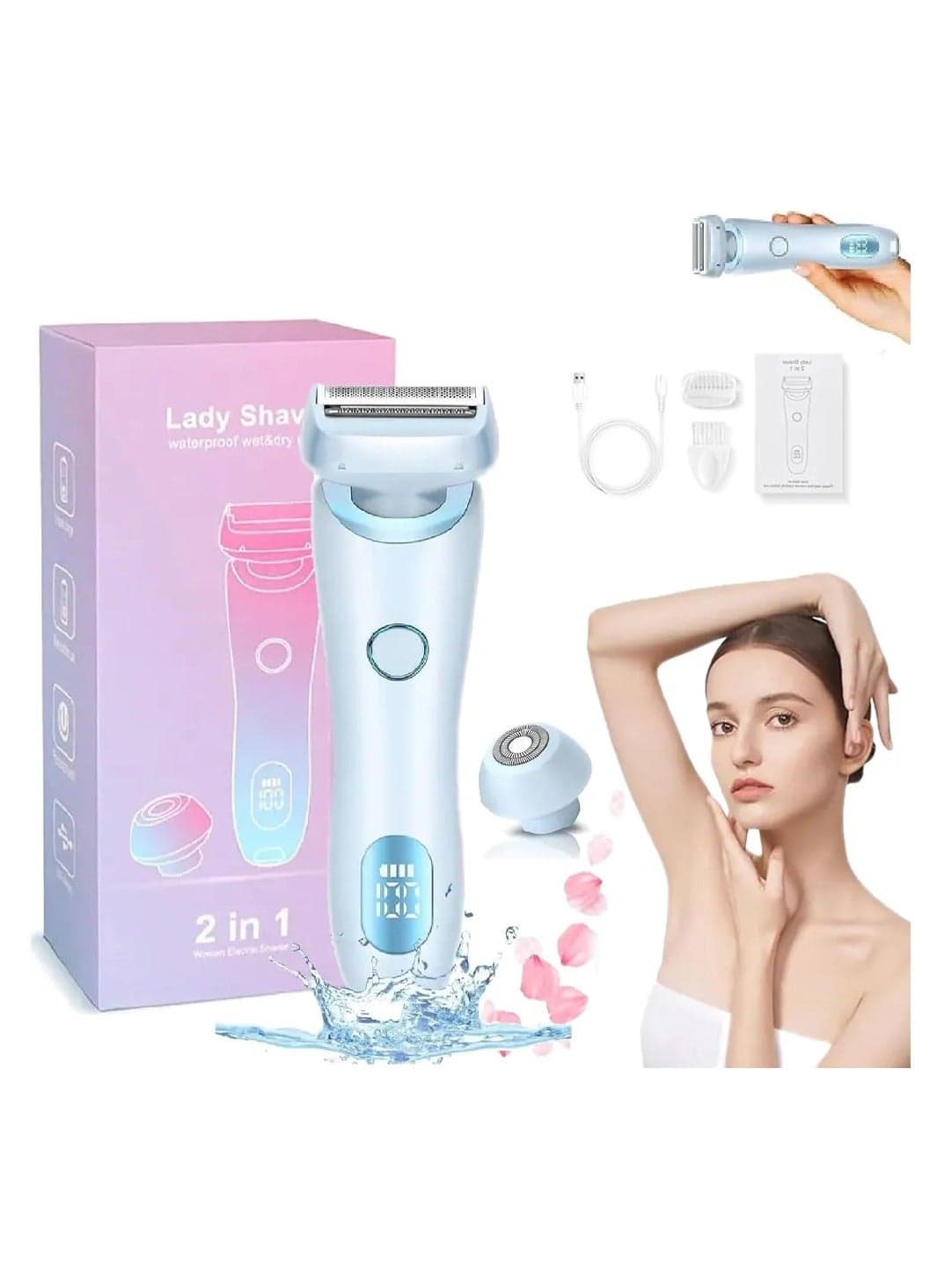 Electric Razors for Women Electric Shaver for Arm Face Legs Underarm IPX7 Cordless Bikini Trimmer with Detachable Head