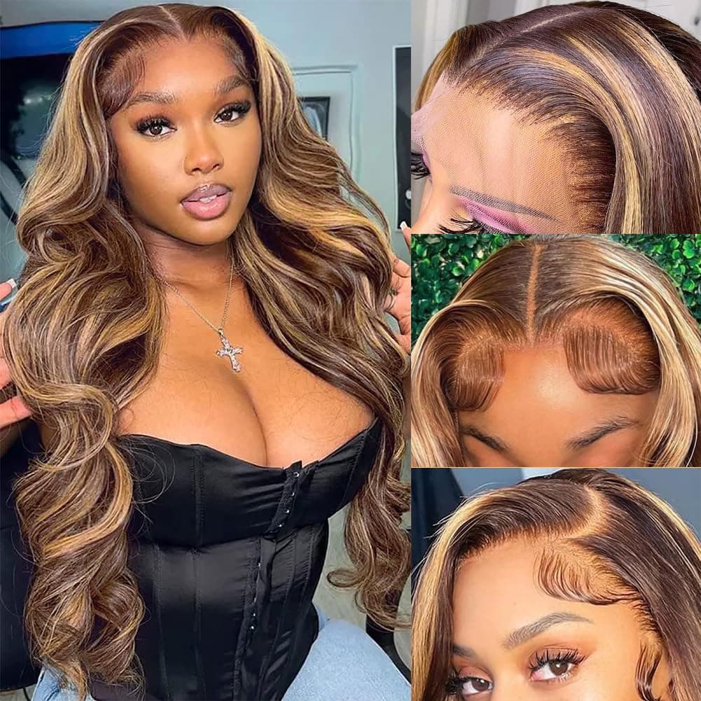 Pizazz Ombre Highlight 13x4 HD Lace Front Wigs Human Hair with Baby Hair 180 Density Glueless Wigs Human Hair Pre Plucked 427 Honey Blonde Body Wave Frontal Wigs 30 Inch