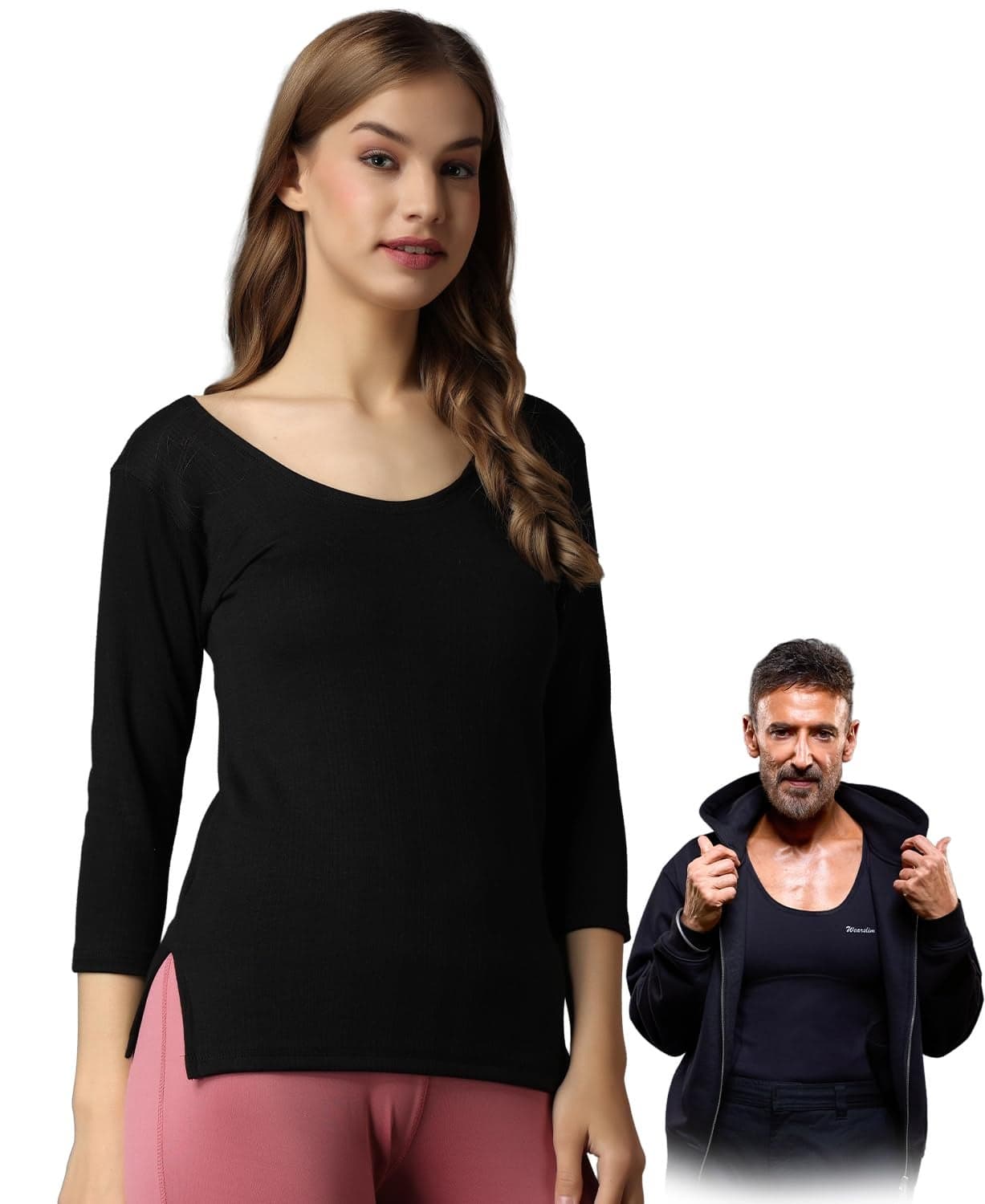 Wearslim® Women's Winter Warmer Thermal Vest, 3/4 Sleeves Ultra Soft Scoop Neck Winter Inner Wear Top Johns Underwear - Zed Black (M)