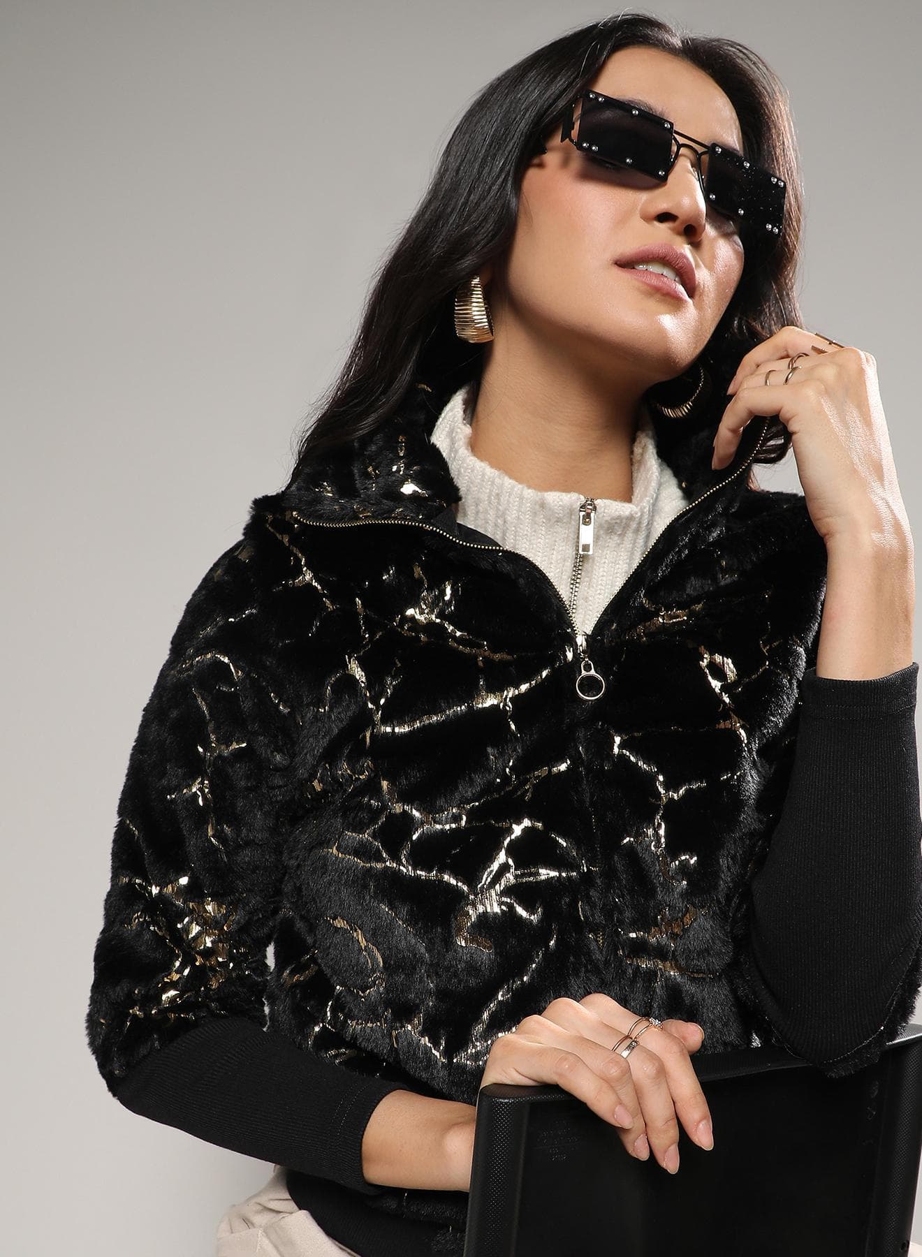 Women's Carbon Black Metallic Veined Faux Fur Jacket