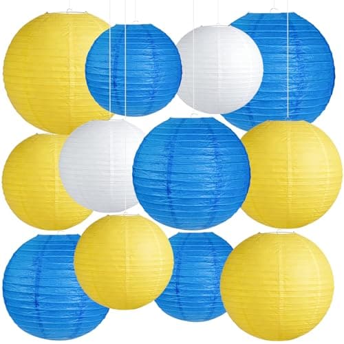 Blue and Yellow Party Decorations 12Pcs Hanging Round Paper Lanterns Assorted Sizes 8 10 12 for Graduation Birthday Wedding Baby Shower and BBQ Decor