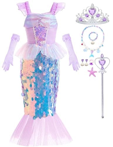 Luzlen Little Girls Mermaid Princess Costume Sequins Party Dress for Toddler Kids Baby Halloween Dress Up with Accessories Purple 45 YearsTag 120