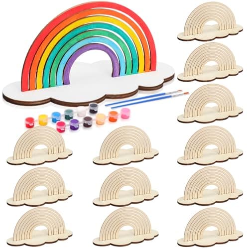Blueweenly Rainbow Crafts for Kids Rainbow Art Painting Sets for Party Favors Wooden Painting Brush Kit Return Gifts for Birthday Party Supplies Class Make Your Own Craft Kits 12 SetsKawaii