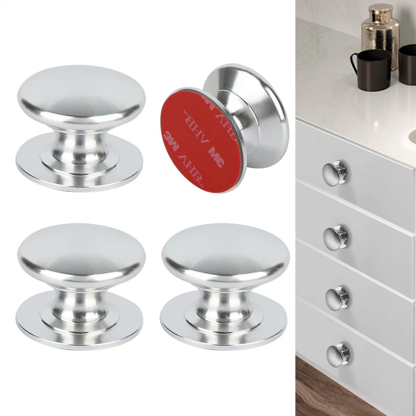 CcHhyyt 4 Pack Aluminum SelfStick Knobs No Drilling SelfAdhesive Drawer Knobs Silver Cabinet Handle Pull with Adhesive Black Stick On Handle for Cupboard Fridge Dresser Window 4pcsSet Silver