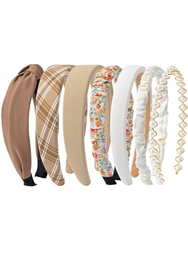 Sunolga 7 Pack Brown Headbands for Women Girls Non Slip Floral Padded Hairbands Cute Pearl Head bands Wide Headbands Trendy Hair Accessories