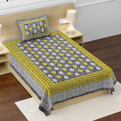 RajasthaniKart® Pure 100% Cotton Single Bed Sheet with 1 Pillow Cover (Bedsheet for Single Bed Cotton, Grey Small Booty)