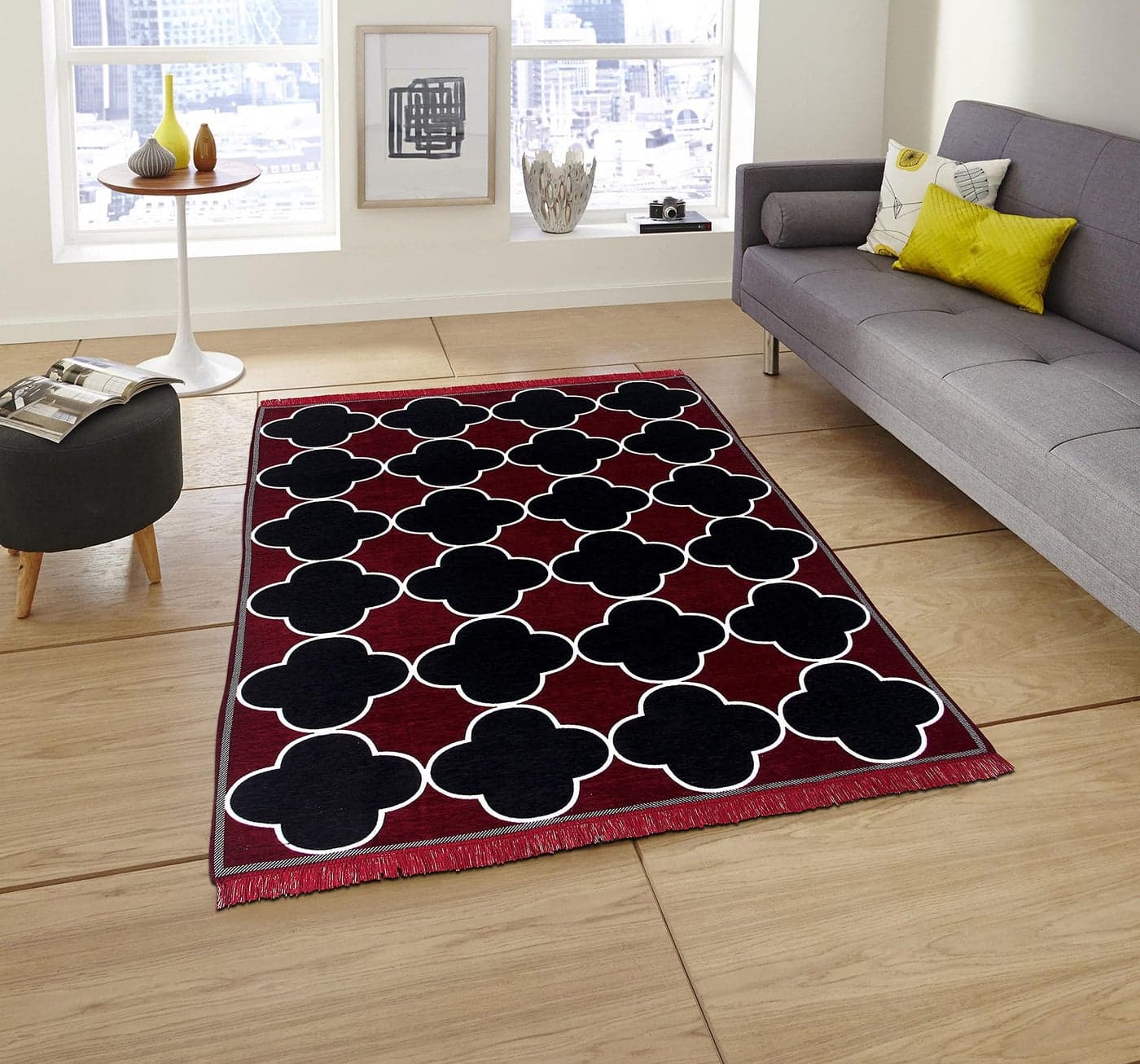Sparrow World Premium Double Chennille Living Room Carpet,Area Rug,Durries,BedCover II (Maroon N Black, 3X5 FEET)